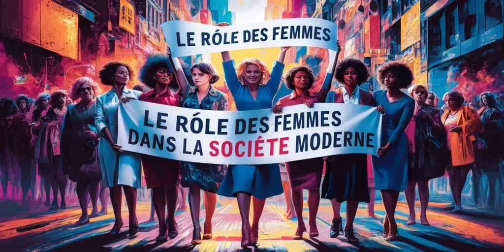 Manifestation féministe dans une rue animée, avec des femmes tenant des banderoles promouvant le rôle des femmes dans la société moderne.