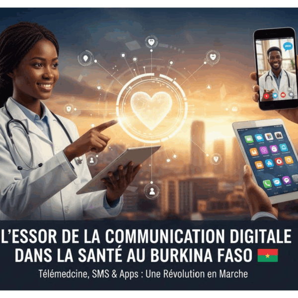 illustration de la communication digitale en santé avec un utilisateur et des interfaces futuristes.