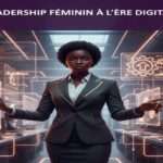 Femme professionnelle noire en costume, représentant le leadership féminin, debout devant une interface de commande technologique dans un bureau moderne.