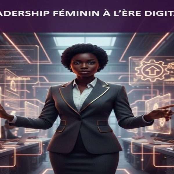Femme professionnelle noire en costume, représentant le leadership féminin, debout devant une interface de commande technologique dans un bureau moderne.