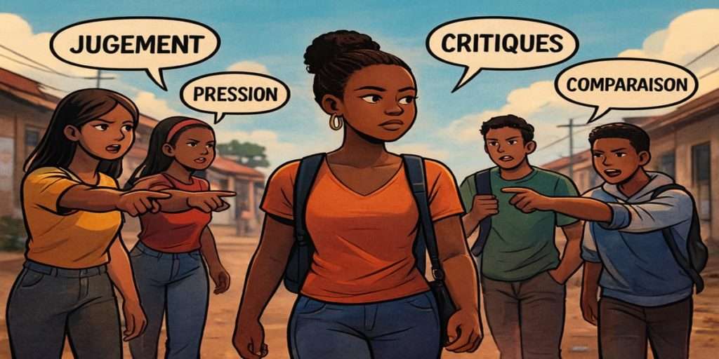 Un groupe de jeunes qui prennent plaisir a juger une jeune fille sur son physique: la pression social